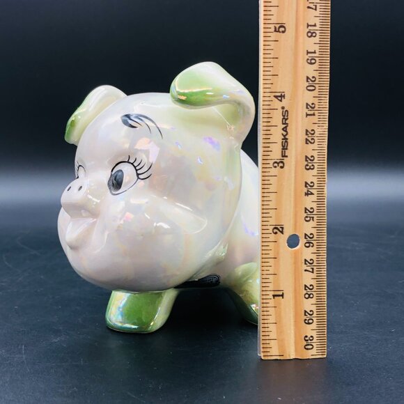 Vintage NORCREST Iridescent Piggy Coin Bank, Green Lusterware, 3D Yellow Flowers - Picture 12 of 12